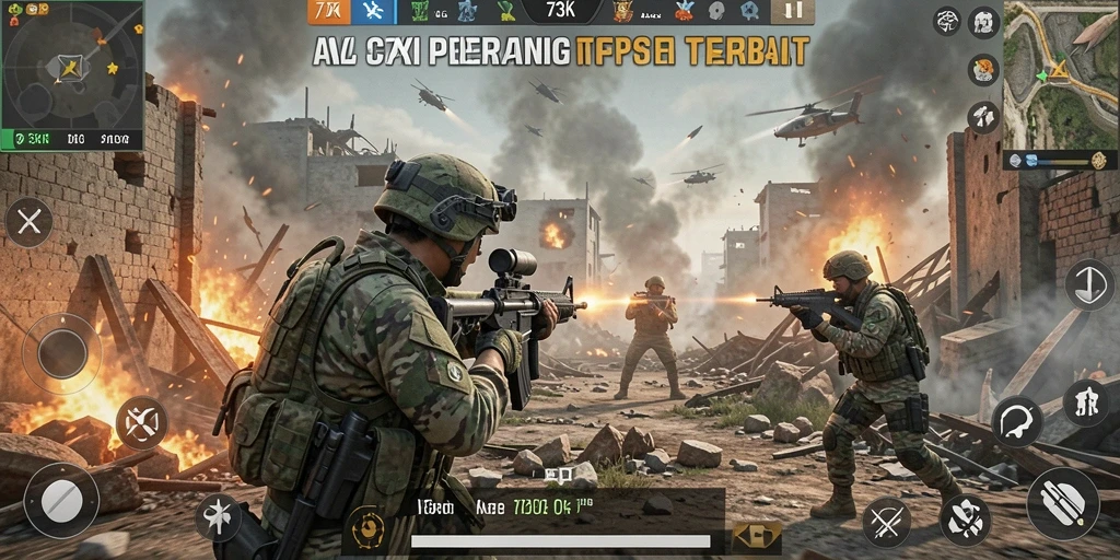 Screenshot utama menampilkan action gameplay FPS yang intens.