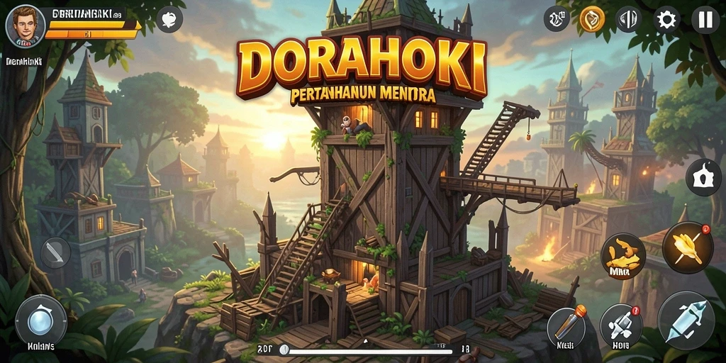 Tangkapan layar gameplay DORAHOKI menampilkan strategi Tower Defense yang mendebarkan.