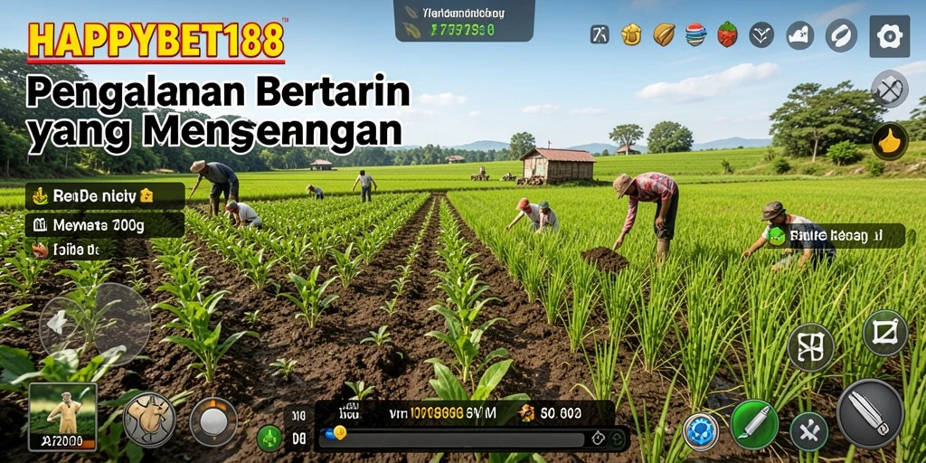 Screenshot dari <strong>HAPPYBET188</strong> menunjukkan aktivitas bertani yang menyenangkan.