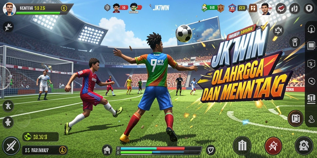 Tangkapan layar gameplay JKTWIN yang menunjukkan aksi olahraga yang mendebarkan.