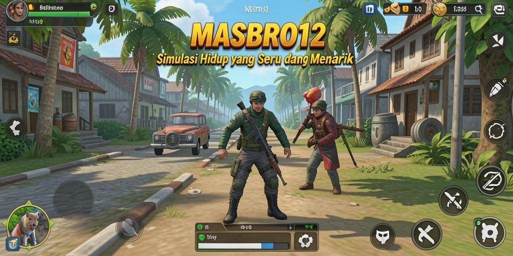 Screenshot gameplay MASBRO12 dengan dunia simulasi yang penuh warna.